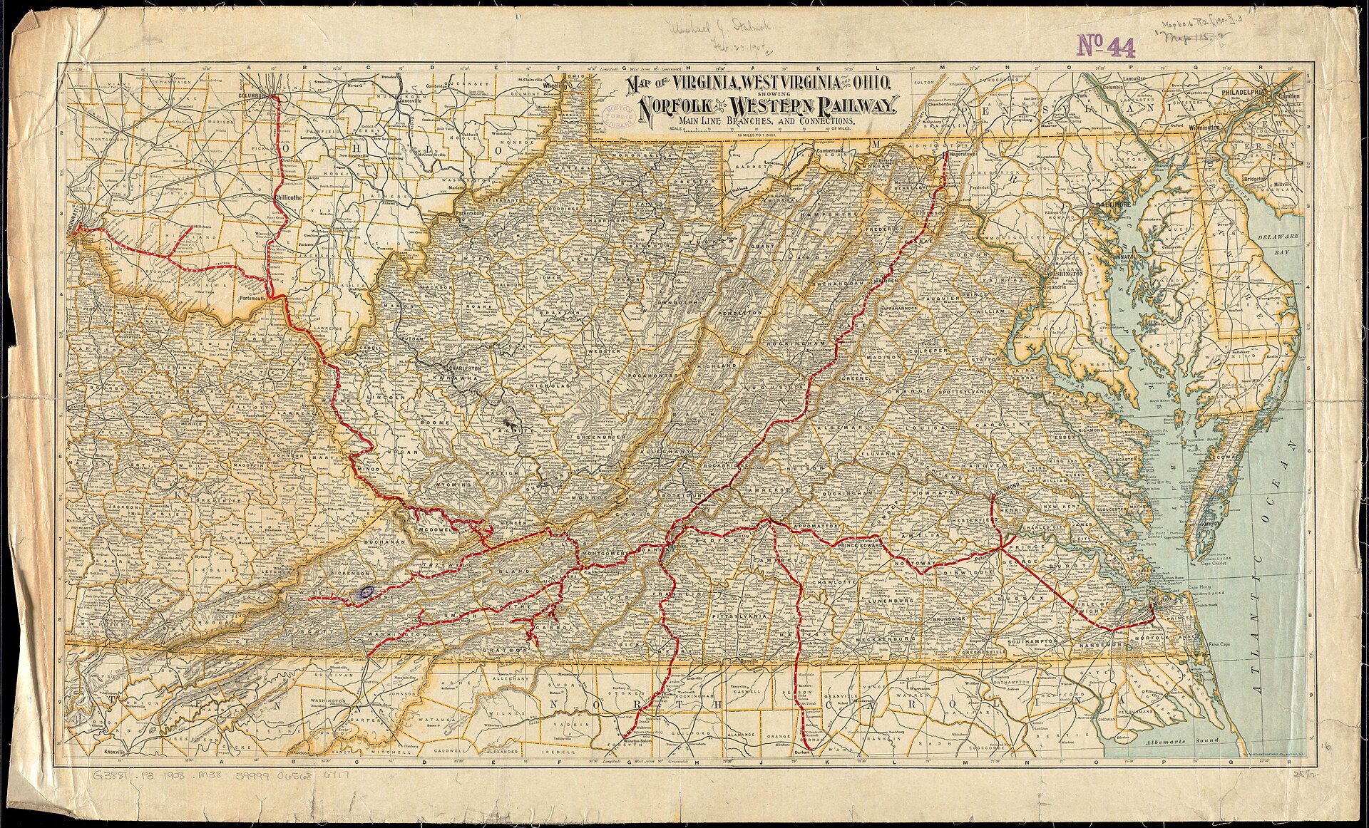 Antique Norfolk & Western Railway map of Virginia, West Virginia and Ohio